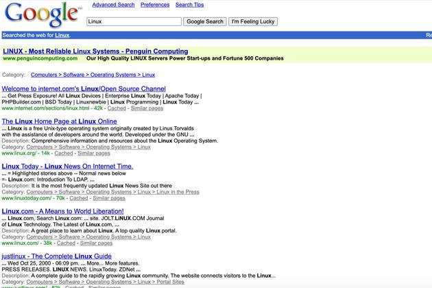 Exemple de recherche sur Google en l’an 2000, pour le terme "Linux".