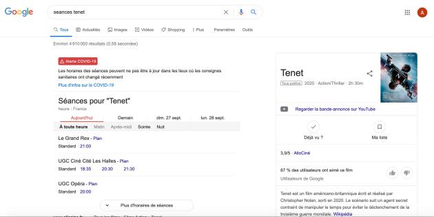 Une recherche sur Google avec les mots "séances Tenet" montre une boîte avec les séances du long-métrage de Christopher Nolan et une autre avec des informations sur le film.