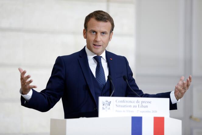Le président Emmanuel Macron lors d’une conférence de presse sur la situation politique et économique au Liban, le 27 septembre à Paris.