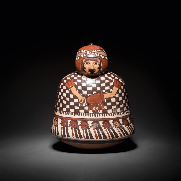 Anthropomorphic vase from the Nazca culture in polychrome ceramic on a light beige slip, AD 200-600. J.-C.