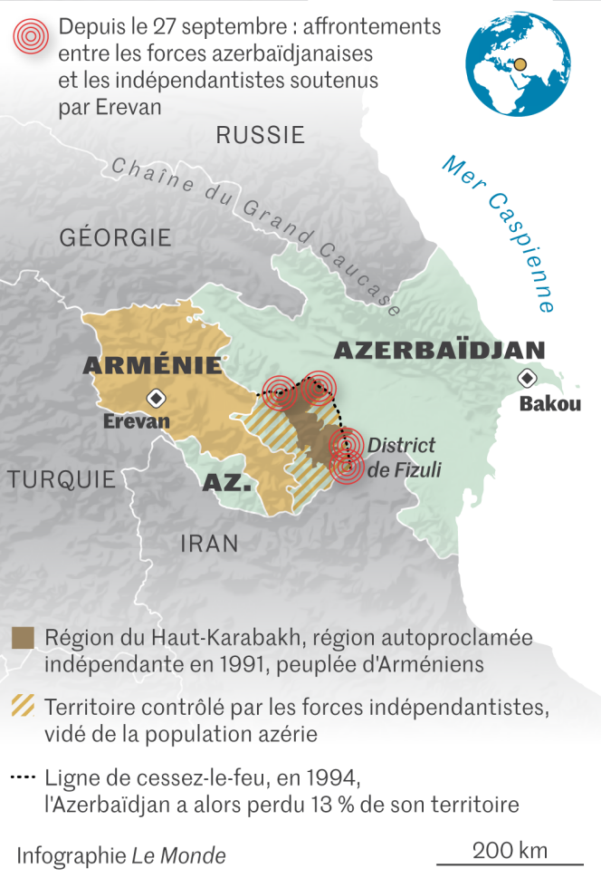 Infographie du Haut-Karabakh entre Arménie et Azerbaïdjan.