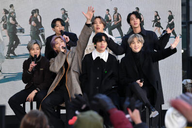 NEW YORK, NEW YORK - FEBRUARY 21: (L-R) Jimin, Jungkook, RM, J-Hope, V, Jin, and SUGA of the K-pop boy band BTS visit the "Today" Show at Rockefeller Plaza on February 21, 2020 in New York City. Dia Dipasupil/Getty Images/AFP