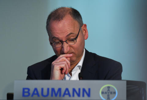 The CEO of German chemicals giant Bayer, Werner Baumann, attends the company's annual news conference in Leverkusen, western Germany, on February 27, 2020. - German chemical and pharmaceutical giant Bayer reported surging profits for 2019 after its buying US seeds and pesticides maker Monsanto, but remained entangled in a massive wave of lawsuits over a flagship weedkiller. (Photo by Ina FASSBENDER / AFP)