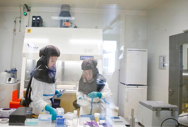 Techniciens au laboratoire entièrement automatisé de Johan Neyts (université de Louvain, Belgique), en mai.