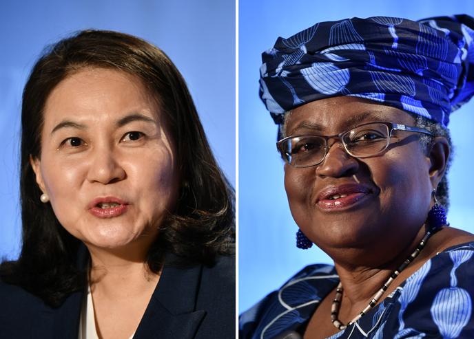Deux femmes sont finalistes pour prendre la tête de l’Organisation mondiale du commerce (OMC) : la Sud-Coréenne Yoo Myung-hee et la Nigériane Ngozi Okonjo-Iweala, à Genève, le 15 juillet 2020.