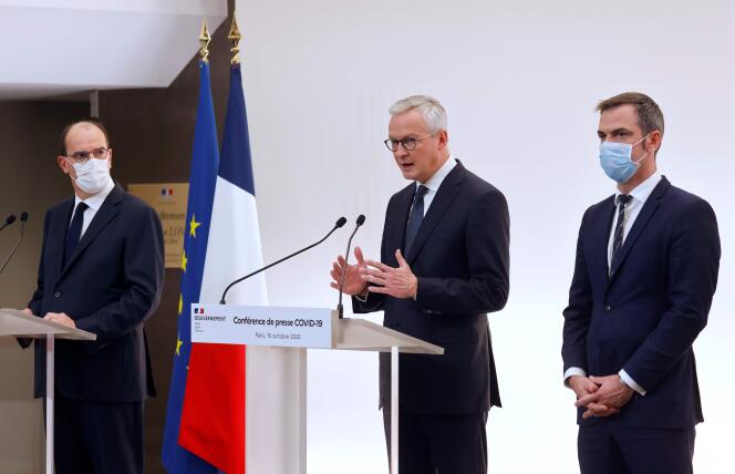 Jean Castex, Bruno Le Maire et Olivier Véran, à Paris, le 15 octobre 2020.