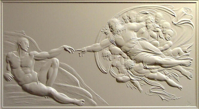 Empreinte en plâtre de la gravure en gaufrage au format 34 x 19 cm (« La création de l’homme », reprise d’une scène du plafond de la chapelle Sixtine peinte par Michel-Ange).