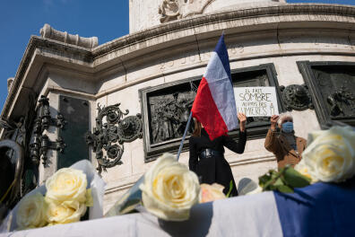 Paris, France, October 18, 2020: Gathering in tribute of Samuel Paty on Republic's place.
Paris, France, le 18 Octobre 2020 : Rassemblement en hommage a Samuel Paty, place de la Republique. 