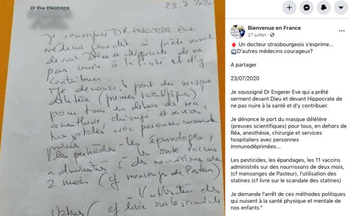 Eve Engerer, un médecin généraliste exerçant en Alsace, publie, en août, sur Facebook, un faux certificat médical permettant de s’affranchir du port du masque pour « contre-indication médicale ». 