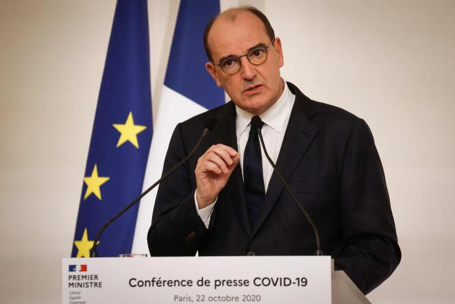 Le premier ministre, Jean Castex, lors de sa conférence de presse à l’hôtel Matignon, à Paris, le 22 octobre.
