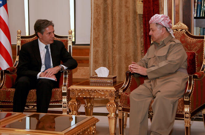 Antony Blinken, alors secrétaire d’Etat adjoint, lors d’une rencontre avec Massoud Barzani, président du gouvernement régional du Kurdistan, le 15 septembre 2016, à Erbil.