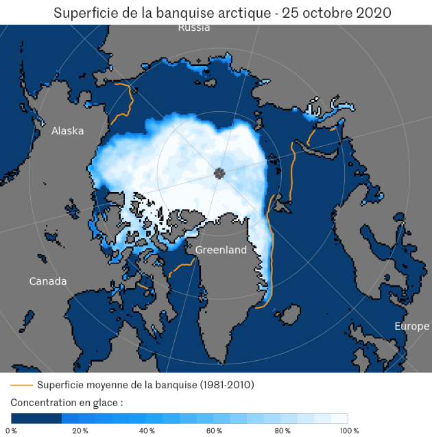 Superficie et concentration de la banquise arctique au 25 octobre 2020.