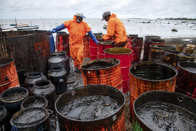 Des travailleurs collectent le pétrole qui a fui sur la plage de Rivière des Créoles, le 15 août.