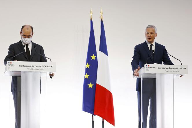 Le premier ministre Jean Castex et le ministre de l’économie Bruno Le Maire, lors d’une conférence de presse à Matignon, le 29 octobre.