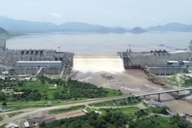 Vue aérienne des niveaux d’eau du grand barrage de la Renaissance, en Ethiopie, le 21 juillet 2020.