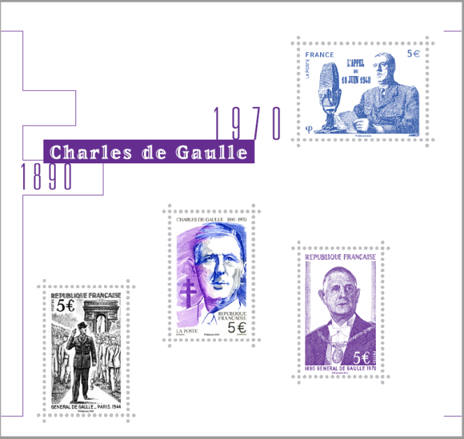 Bloc-feuillet de timbres reprenant d’anciens poinçons de timbres du général de Gaulle en taille-douce, avec de nouvelles valeurs, à paraître le 9 novembre pour le 130e anniversaire de la naissance du général de Gaulle, le 50e anniversaire de sa disparition et les 80 ans de l’appel du 18 juin. Prix de vente: 20 euros. Tirage: 40000 exemplaires.