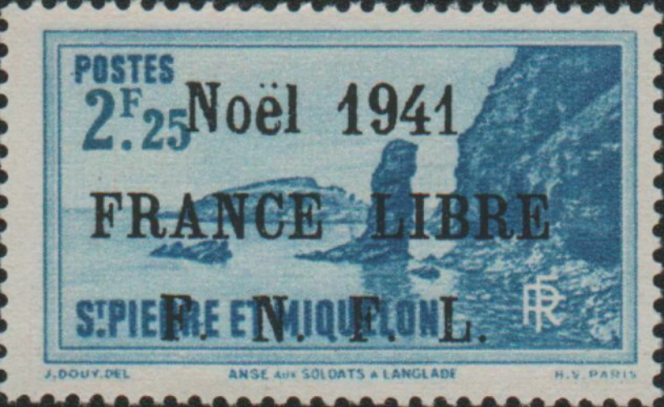 Timbre de Saint-Pierre-et-Miquelon surchargé en 1941 après la prise de pouvoir par les troupe de l’amiral Muselier.