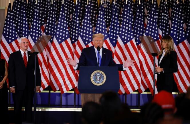 Donald Trump lors de sa prise de parole au soir de l’élection présidentielle américaine, mardi 3 novembre 2020, depuis la Maison Blanche.
