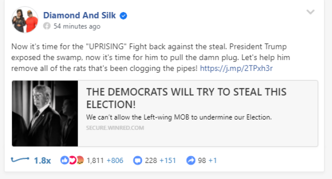 Sur la page Facebook des influenceuses pro-Trump Diamond and Silk, le samedi 7 novembre, après l’annonce de la victoire de Joe Biden.
