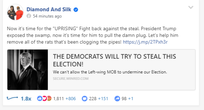 Sur la page Facebook des influenceurs pro-Trump Diamond and Silk le samedi 7 novembre, après l'annonce de la victoire de Joe Biden.