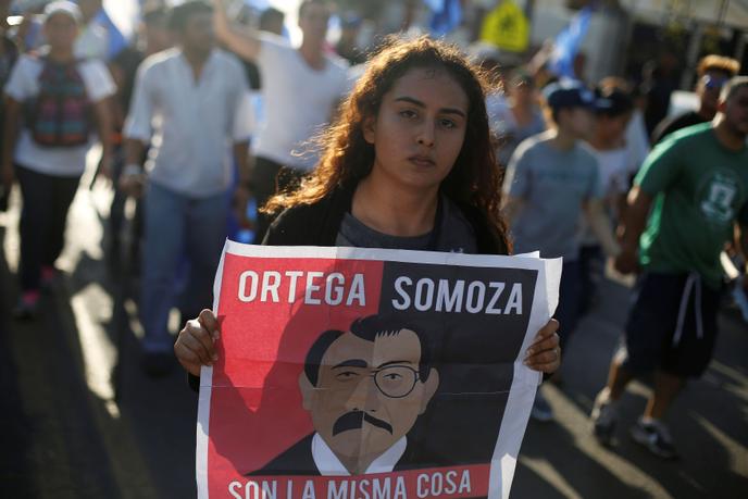 Lors d’une manifestation contre les violences policières, le 23 avril 2018 à Managua, au Nicaragua. L’affiche montre Daniel Ortega, le président du pays et l’ancien président, Anastasio Somoza.