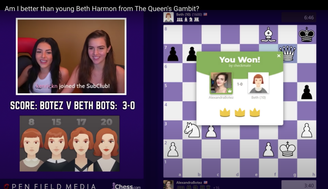 La streameuse et joueuse d'échecs Alexandra Botez joue contre une intelligence artificielle inspirée du personnage de Beth Harmon, de la série The Queen's Gambit.