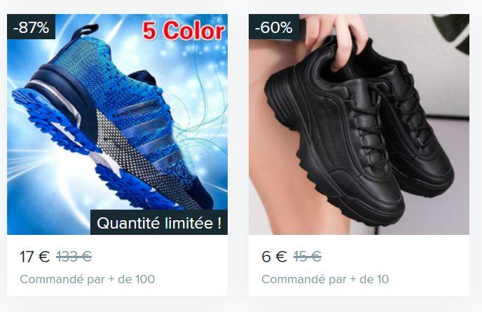 Deux modèles de paires de chaussures vendues sur Wish.