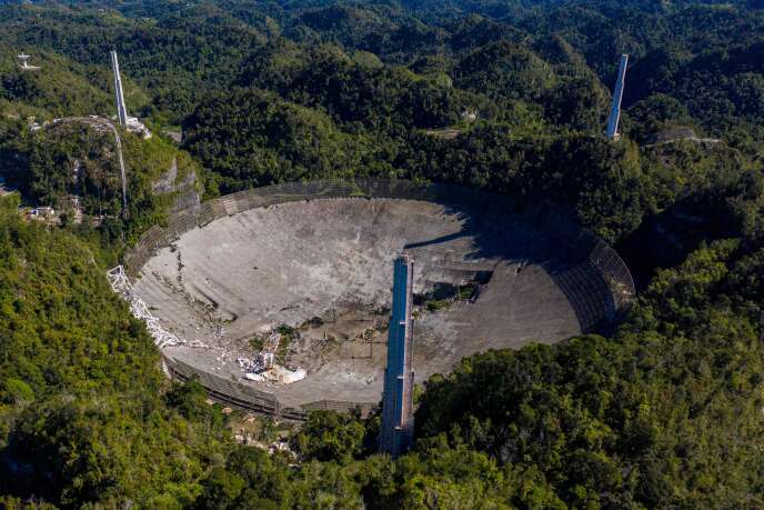 The giant Arecibo telescope after it crashed on December 1, 2020 in Puerto Rico.