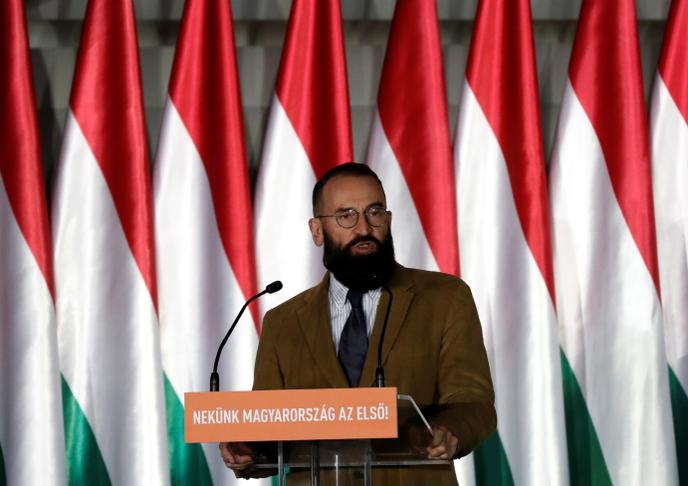 Jozsef Szajer lors d’un événement de campagne du Fidesz en amont des élections européennes, à Budapest, en avril 2019.