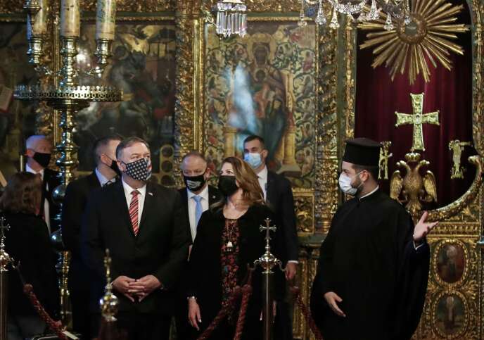 US Secretary of State Mike Pompeo and his wife Susan are visiting the Patriarchal Church of St.  George in Istanbul on November 17, 2020.