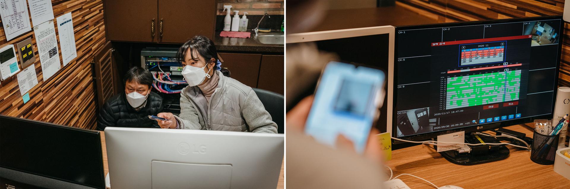 Séoul, le 20 novembre. Les enquêteurs Lim Dong-hyun et Choi Han-sul cherchent à tracer le parcours d’un malade du Covid-19 qui est passé par ce café du quartier de Seocho, dans le sud de la ville.