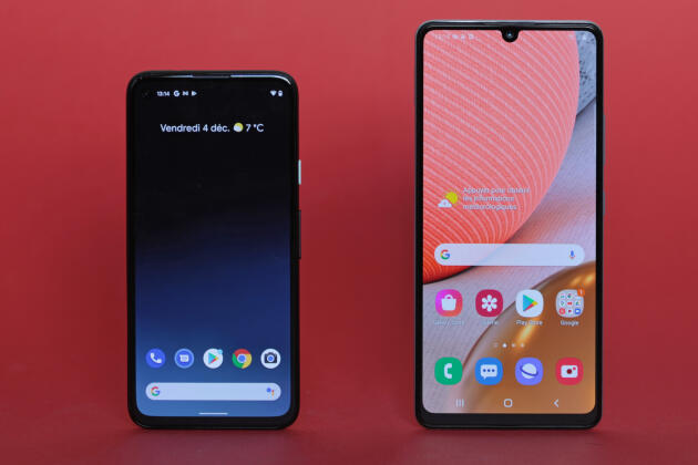 A gauche, le Google Pixel 4a, le mobile le plus compact du comparatif. A droite, le Samsung A42 5G, le plus volumineux de tous. Les autres smartphones sont assez proches du format du Samsung.