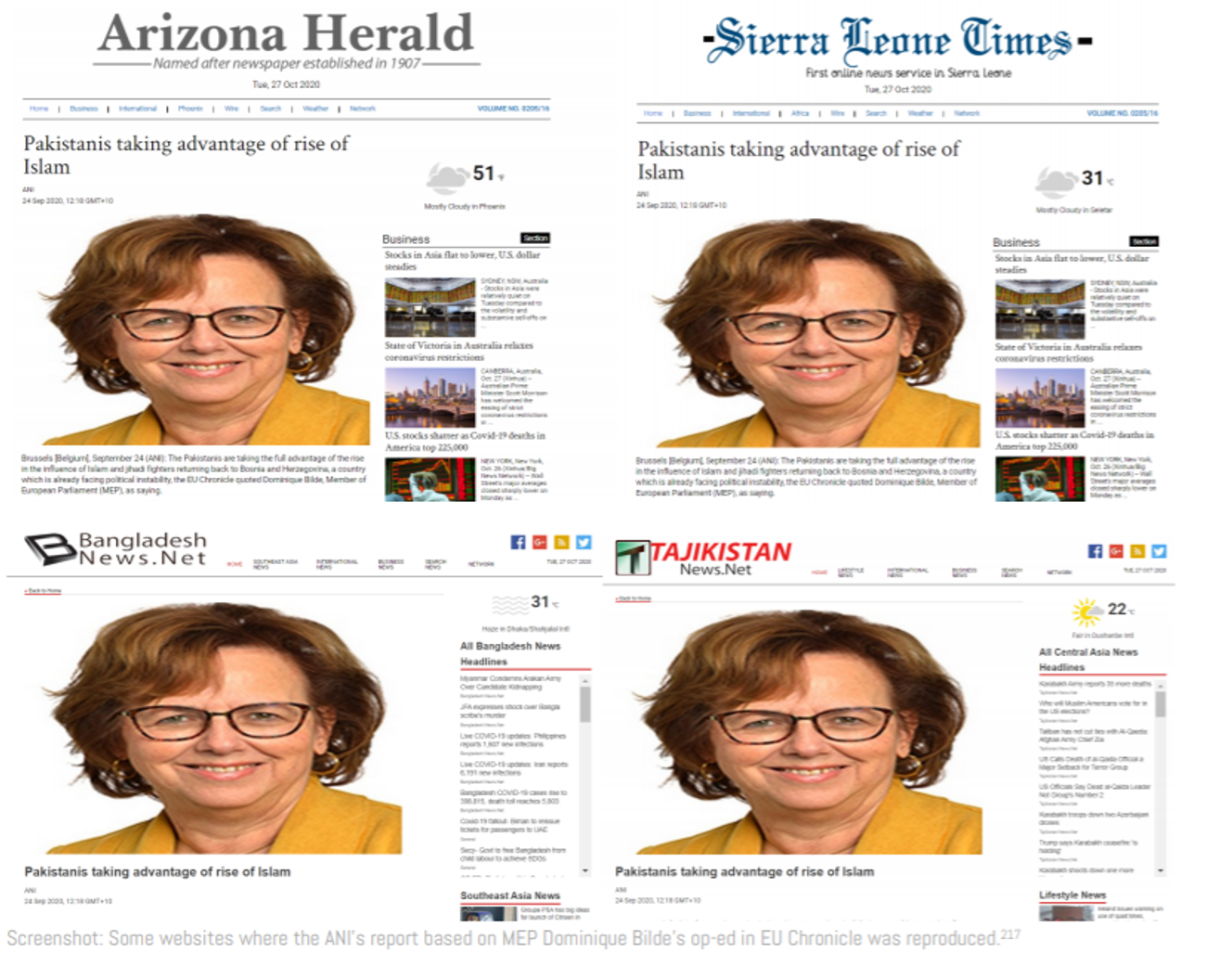 Après sa publication sur le site euchronicle.com puis sa reprise par l'agence ANI, la chronique de l'eurodéputée RN Dominique Bilde a été reprise par de nombreux médias étrangers.