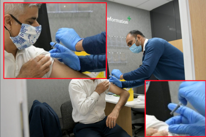Un montage montre que sur la photo officielle, l’infirmier n’a pas enlevé le capuchon de la seringue lors de la vaccination de M. Khan contre la grippe.