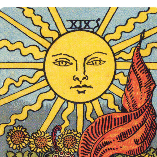 Page intérieure du livre « Bibliothèque de l’ésotérisme : tarot » (détail). Arcane XIX, le soleil.