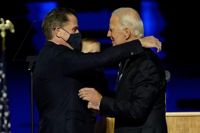 Elected President Joe Biden and his son Hunter, November 7, 2020 in Wilmington, Delaware.