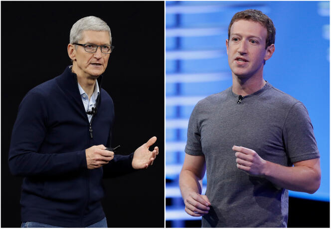 LE PDG d’Apple, Tim Cook (à Cupertino, en 2017), et celui de Facebook, Mark Zuckerberg (à San Francisco, en 2016).