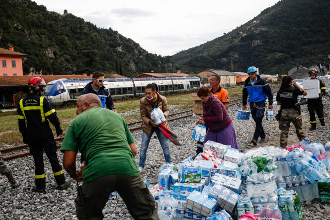 Supplies going out to isolated villages after Storm Alex, which ravaged the Roya valley, in Breil-sur-Roya (Alpes-Maritimes), on October 6, 2020.