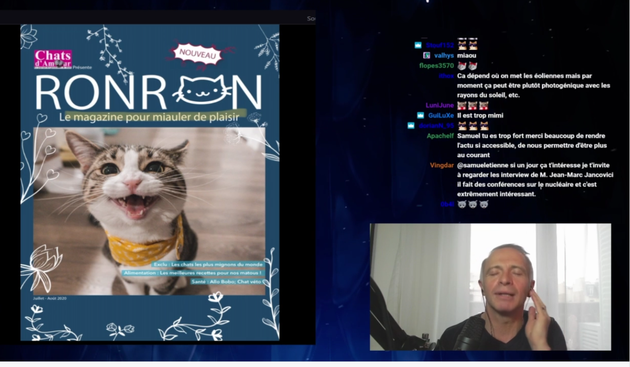 Samuel Etienne imitant le ronronnement d’un chat en pleine revue de presse sur Twitch, le 22 décembre.
