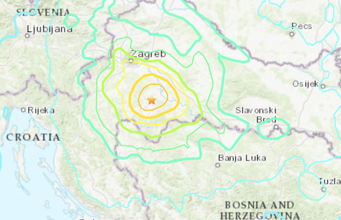 Carte du tremblement de terre publiée par l'American Institute of Geophysics, USGS.
