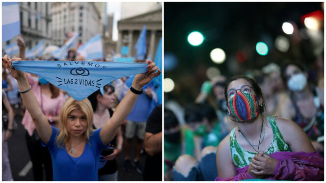 A gauche, une militante anti-avortement, le 28 décembre, à Buenos Aires. A droite, une femme pro-avortement suit les débats au Congrès, le 11 décembre.
