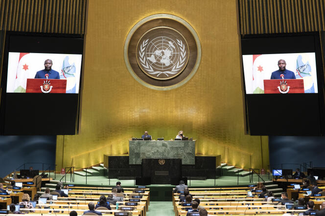 Le nouveau président burundais Evariste Ndayishimiye, élu en mai, à la tribune des Nations unies le 24 septembre 2020 au siège de l’institution, à New York.