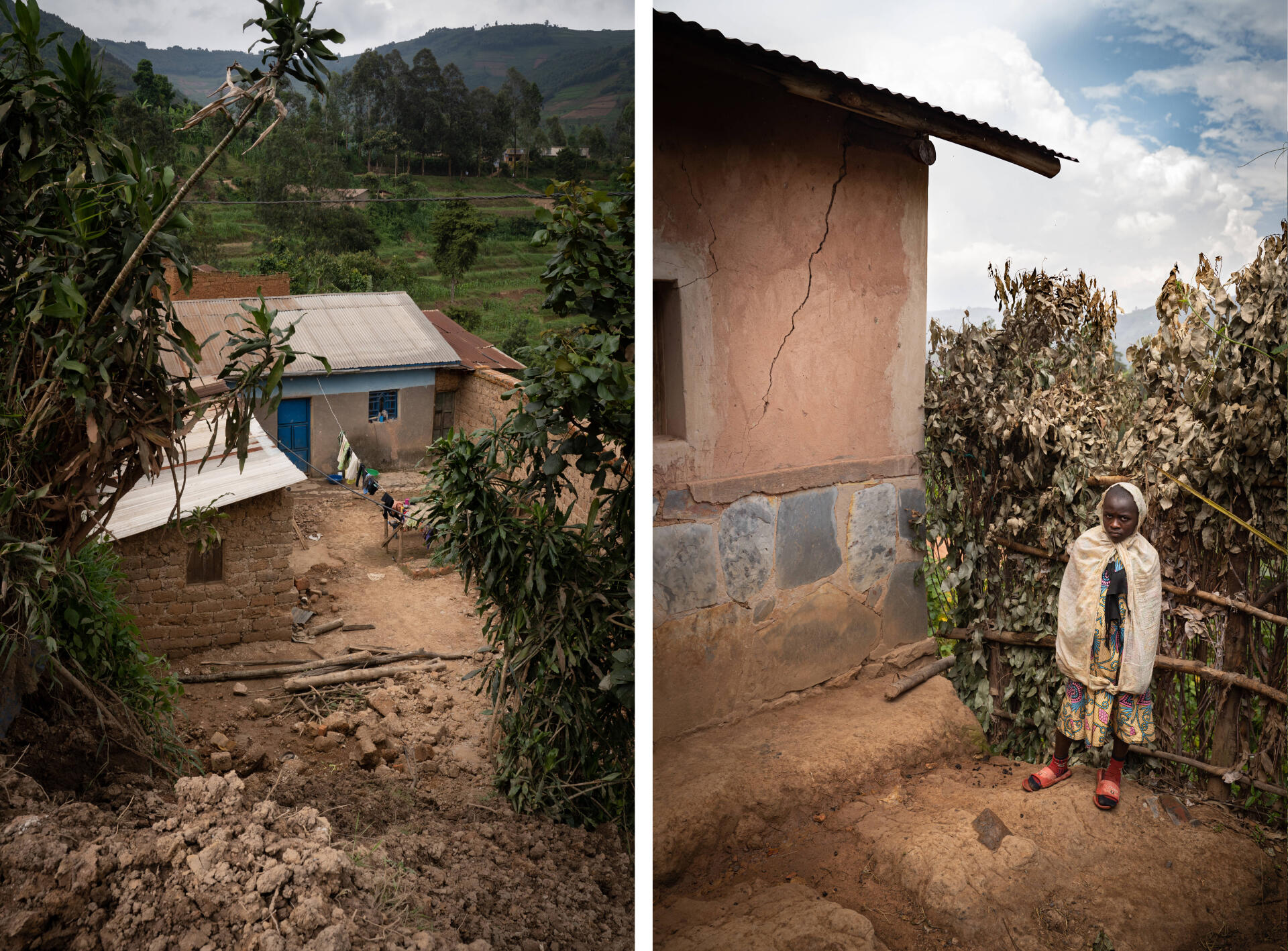 Le mur d’une maison du village de Rusambya le 27 décembre 2020, dans le district de Gicumbi, province du nord du Rwanda, détruit par un glissement de terrain la semaine précédente. A droite, Régine Uwingabiye, 12 ans, à côté de sa maison fissurée.