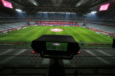 Soccer Football - Ligue 1 - Lille v Angers - Stade Pierre-Mauroy, Lille, France - January 6, 2021 General view of a TV camera broadcast before the match REUTERS/Pascal Rossignol