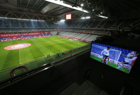 Soccer Football - Ligue 1 - Lille v Angers - Stade Pierre-Mauroy, Lille, France - January 6, 2021 A monitor is seen in a media box before the match REUTERS/Pascal Rossignol