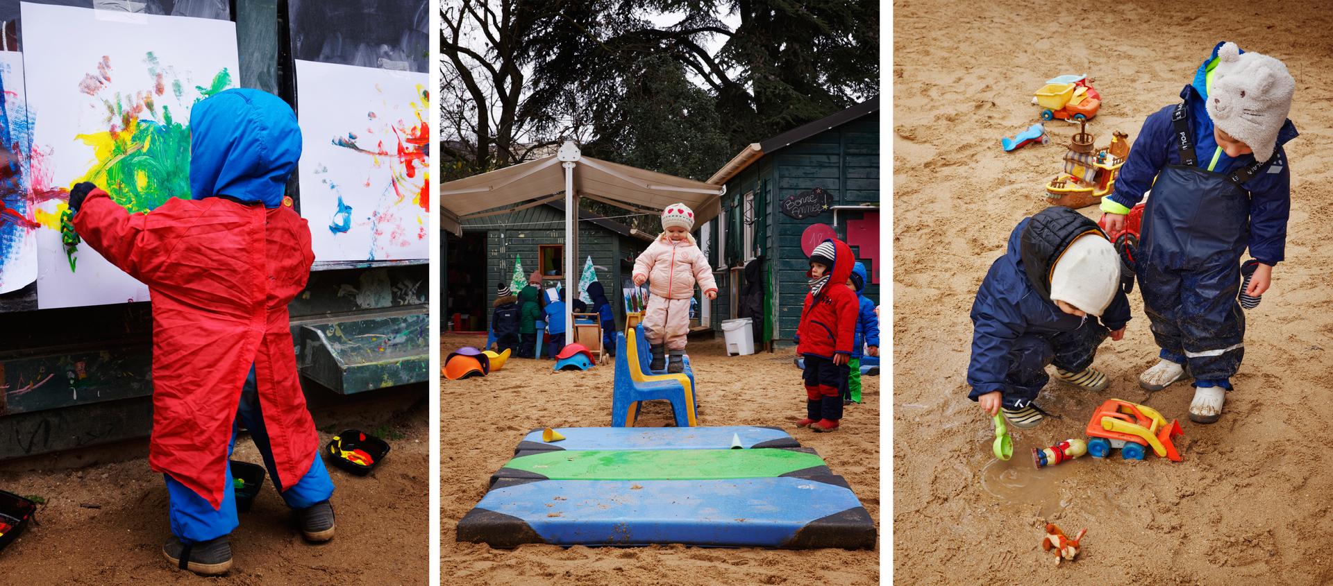 Peinture, jeux d'équilibre, ou apprentissage de la gadoue, ici tout se fait en extérieur.