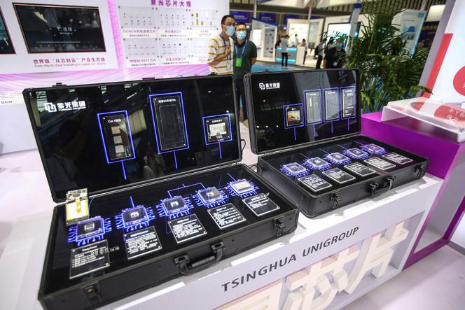 Stand Tsinghua Unigroup, entreprise d’Etat lancée en 1988 pour faire progresser l’industrie chinoise des puces, à Nanjing (Chine), le 26 août 2020.