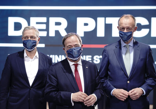 Les trois candidats à la tête de la CDU. De gauche à droite : Norbert Roettgen, Armin Laschet et Friedrich Merz, le 17 octobre à Berlin.