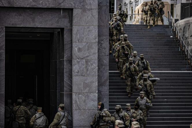 National Guard soldiers enter the Capitol in Washington, DC, January 16.