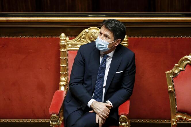 Italian Prime Minister Giuseppe Conte is attending the debate ahead of a vote of confidence in the Senate on 19 January 2021 at the Palazzo Madama in Rome.